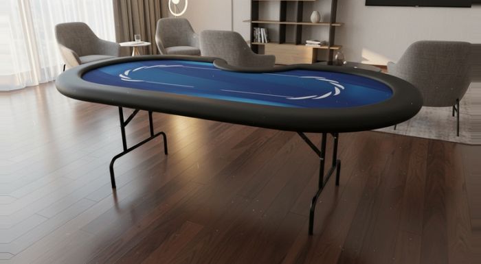Mesa de Poker Dobrável 9 Lugares Tecido Azul com Raios e Couríssimo Preto - Bra14
